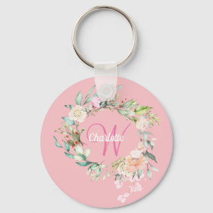 Chaveiro Rosas Floral Inicial Script Monograma Rosa