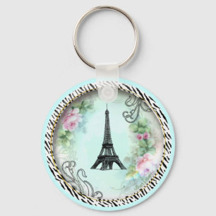 Chaveiro Rosas rosa e impressão zebra em torre Eiffel