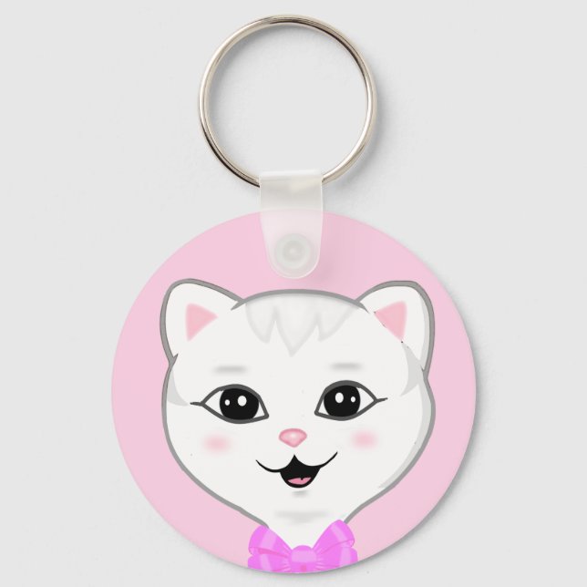 Chaveiro Rosto de Gato Branco Fofo em Rosa Claro (Frente)