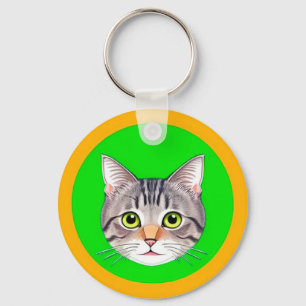 Chaveiro Rosto de Gato Malhado em Moldura Circular Vibrante