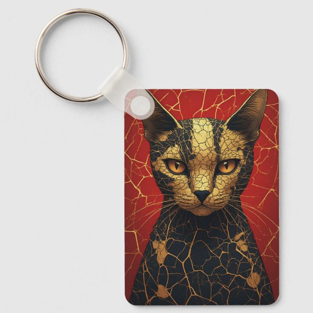Chaveiro Rosto de Gato Místico Com Linhas de Fratura Dourad (Frente)