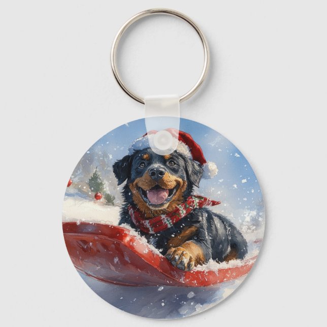 Chaveiro Rottweiler Cachorro com Lama Deixe nevar Natal (Frente)
