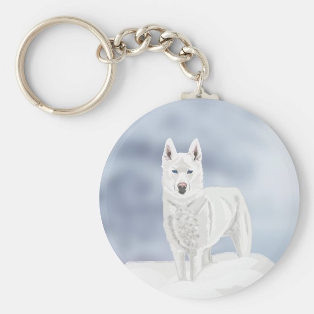 Chaveiro Rouco branco contra cena de neve (Frente)