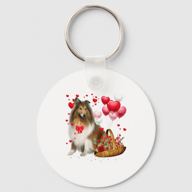 Chaveiro Rough Collie Heart Balloon Happy Valentine Day Dog (Frente)
