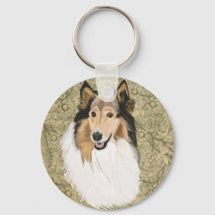Chaveiro Rough Collie sobre um fundo Floral Brown
