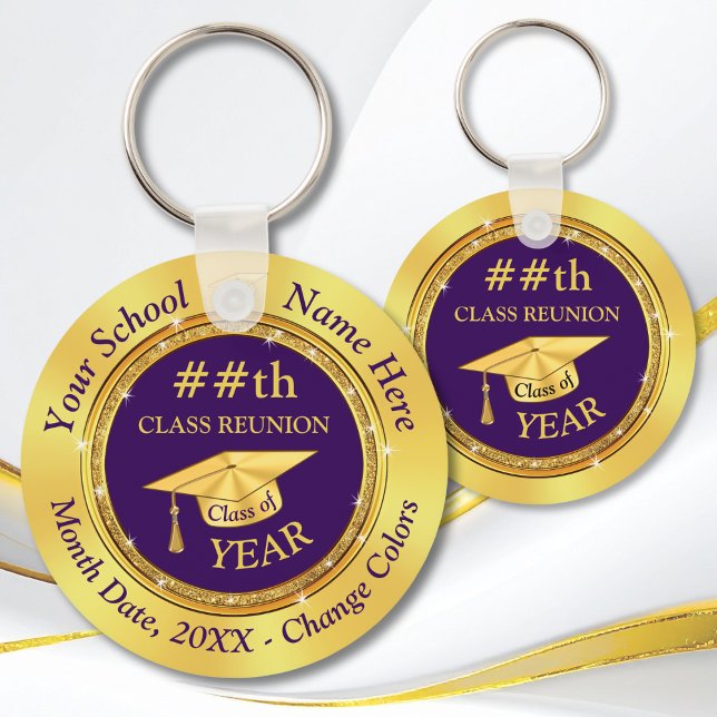 Chaveiro Roxo barato e Dourado, ideias de Reunião Classe 35 (Purple and Gold, Cheap Class Reunion Souvenirs. Inexpensive Class Reunion Ideas. Reunion Keychains.)