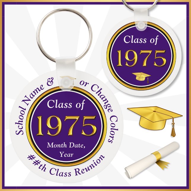 Chaveiro Roxo e Branco, Classe de 75 Reunião, Favor do Part (Class of 1975 Keychains. Great and Inexpensive, Class of 75 party favors for your goodie bags. )