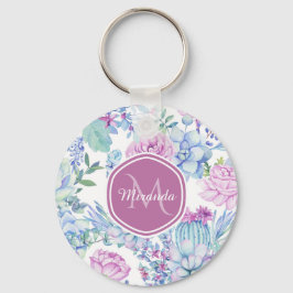 Chaveiro Roxo Elegante e Floral Suculente Azul com Nome