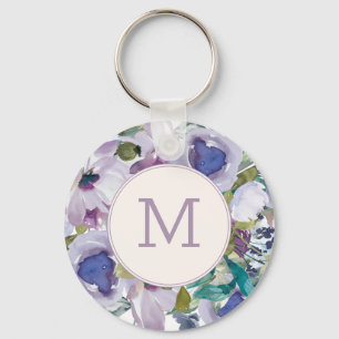 Chaveiro Roxo Lilás Azul Empoeirado Aquarela Floral Monogra