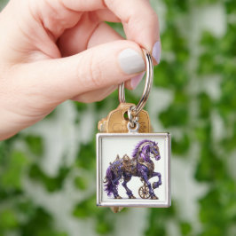 Chaveiro Roxo Mecânico e Cavalo Estampado Dourado