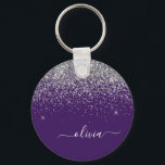Chaveiro Roxo Silver Glitter Girly Monographic Nome<br><div class="desc">Chaveiros com nomes de Monograma de Script Glitter Roxo e Silver Sparkle (Cadeia-Chave). Isto faz o doce e perfeito aniversário de 16 anos,  casamento,  chá de panela,  aniversário,  chá de fraldas ou festa de solteira presente para alguém que ama luxo de luxo e estilos quíticos.</div>