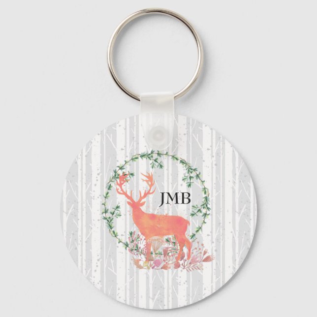 Chaveiro Rustic Reindeer Boho Watercolor Monograma Personal (Frente)