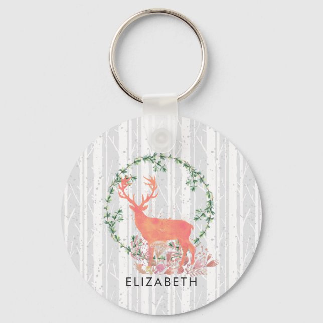Chaveiro Rustic Reindeer Boho Watercolor Personalizado (Frente)
