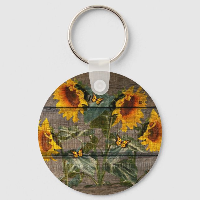 Chaveiro Rustic Sunflowers Butterflies Barn Board (Frente)