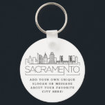 Chaveiro Sacramento Stylized Skyline | Slogan Personalizado<br><div class="desc">Uma cadeia-chave única que representa a bela cidade de Sacramento,  Califórnia. Este chaveiro apresenta uma ilustração estilizada do horizonte único da cidade com seu nome embaixo. Por baixo do nome da cidade está um lugar para o seu slogan ou afirmação exclusivo sobre a sua cidade favorita.</div>