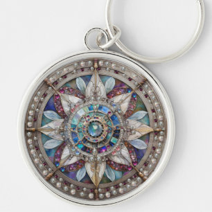 Chaveiro Safiras Rosa e Azul Diamantes Pérolas Mandala