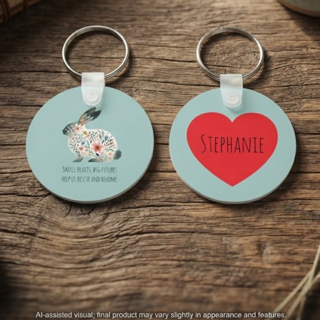 Chaveiro Sage Floral Rabbit Rescue Advocate Gift (Personalized rabbit rescue keychain with floral bunny art and heart, for supporters and advocates.)