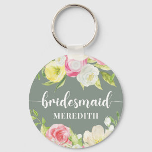 Chaveiro Sage Green Watercolor Nome Floral Bridesmaid