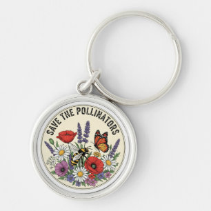 Chaveiro Salve o Polinizador com abelha, borboleta & flores