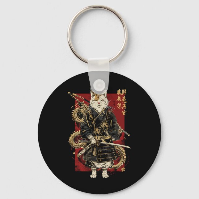 Chaveiro Samurai Cat Com Dragão Japonês Kanji (Frente)
