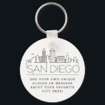 Chaveiro San Diego, CA Stylized Skyline | Slogan Personaliz<br><div class="desc">Uma cadeia chave única representando a bela cidade de San Diego,  Califórnia. Este chaveiro apresenta uma ilustração estilizada do horizonte único da cidade com seu nome embaixo. Por baixo do nome da cidade está um lugar para o seu slogan ou afirmação exclusivo sobre a sua cidade favorita.</div>