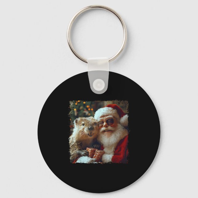 Chaveiro Santa And Beaver Selfie Funny Christmas Design  (Frente)