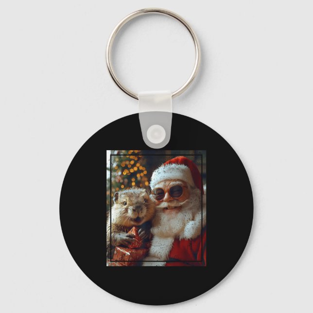 Chaveiro Santa And Beaver Selfie Funny Christmas Design  (Frente)