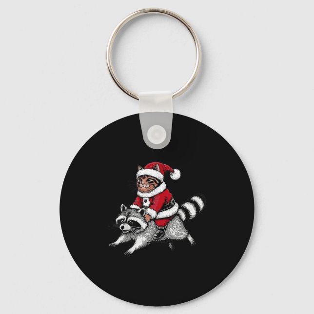Chaveiro Santa Cat Riding A Raccoon Christmas Men Women Kid (Frente)