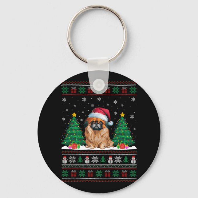 Chaveiro Santa Hat Pekingese Cachorro Árvore de Natal Luzes (Frente)