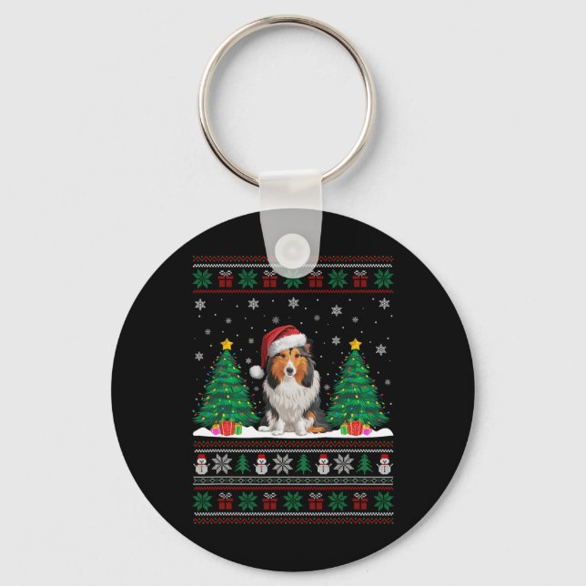 Chaveiro Santa Hat Shetland Sheepdog Dog Xmas Tree Ug (Frente)