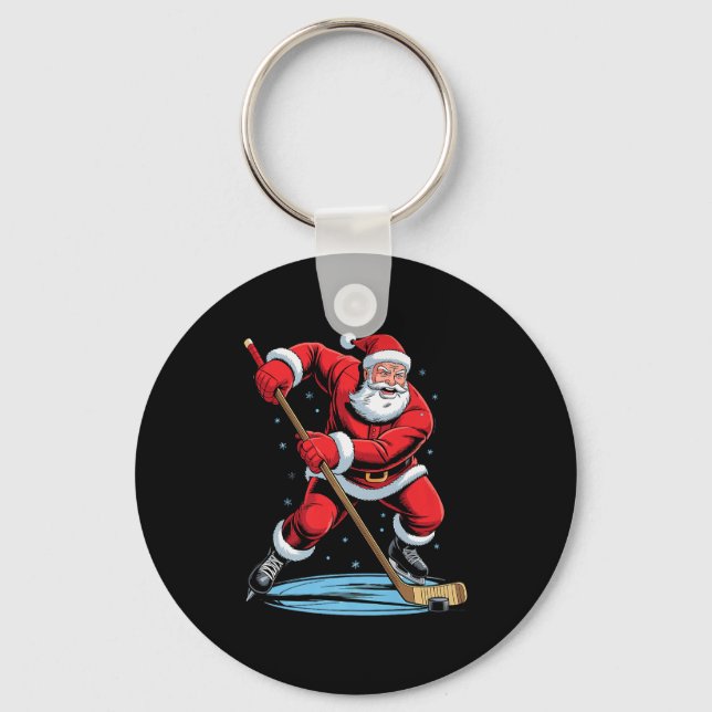 Chaveiro Santa Playing Hockey Funny Holiday Christmas Xmas  (Frente)