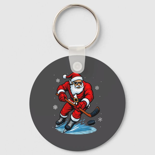 Chaveiro Santa Playing Ice Hockey Xmas Funny Christmas Hock (Frente)