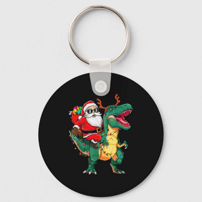 Chaveiro Santa Riding Dinosaur T Rex Funny Christmas Kids B (Frente)