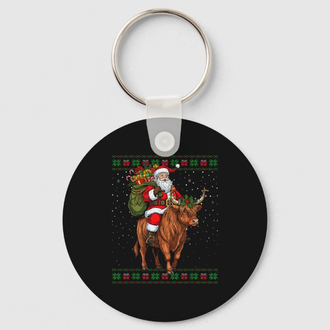 Chaveiro Santa Riding Highland Cow Ugly Christmas Sweater  (Frente)