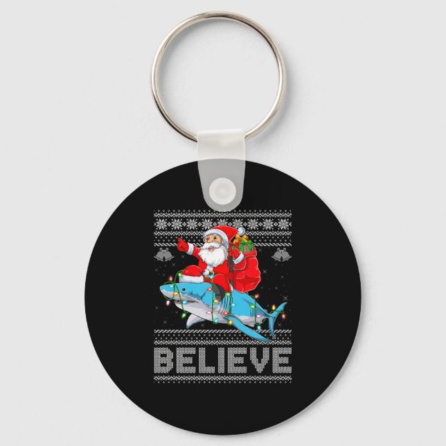 Chaveiro Santa Riding Shark Ugly Christmas Sweater Believe  (Frente)