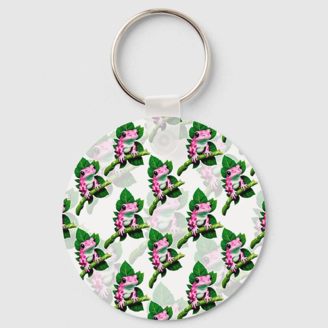 Chaveiro Sapo Rosa No Padrão De Folha Verde Design (Frente)