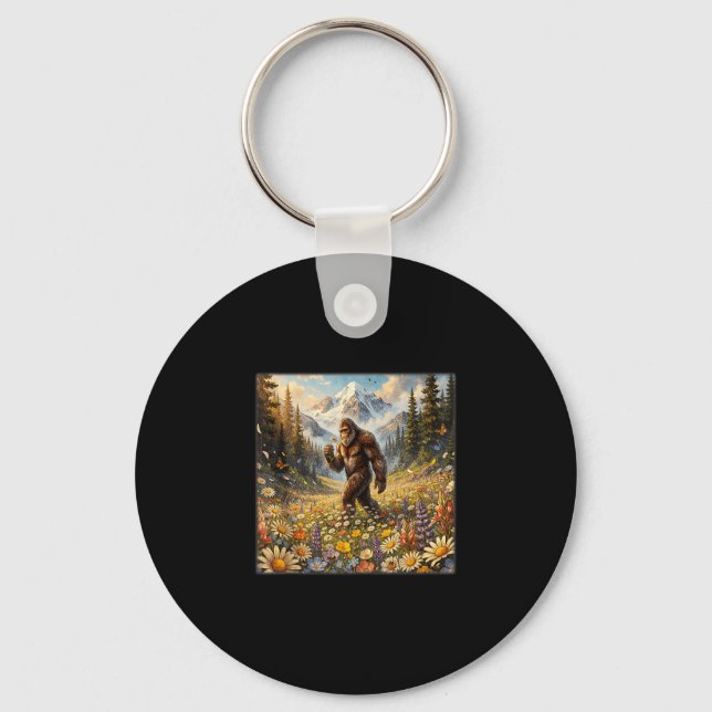 Chaveiro Sasquatch em campo de flores de dente-de-leão pé-g (Frente)