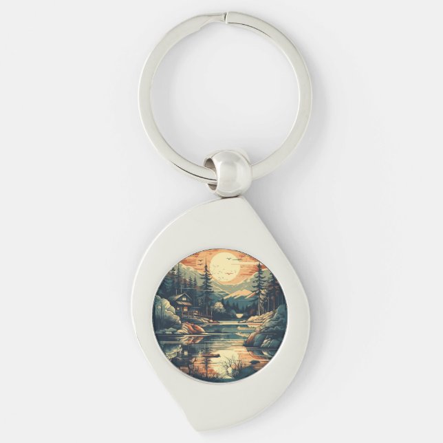 Chaveiro Scandinávia Retro Art Mountain Home (Frente)