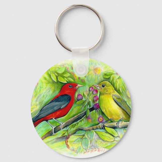 Chaveiro Scarlet Tanagers Lápis Aquarela Drawin (Frente)