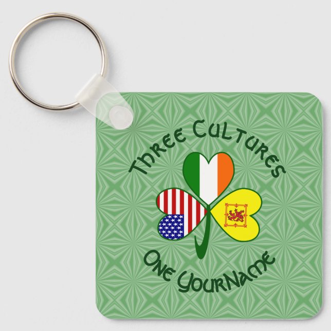 Chaveiro Scotland Rampant USA Ireland Flags Shamrock Name (Frente)