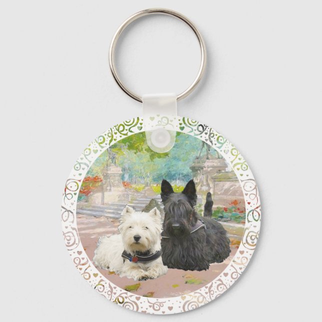 Chaveiro Scottie e Westie em um Jardim (Frente)