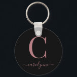 Chaveiro Script de Monograma Dourado de Rosa preto Elegante<br><div class="desc">Rosa Elegante Chic Rosa Dourada Script Monograma num Chaveiro preto redondo. Fácil de personalizar com seu próprio nome e detalhes. Perfeito para o seu estilo de vida luxuoso! Entre em contato conosco em cedarandstring@gmail.com se precisar de assistência com o design ou produtos correspondentes.</div>
