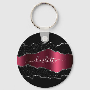Chaveiro Script de nome de mármore preto-burgundy