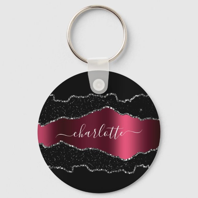 Chaveiro Script de nome de mármore preto-burgundy (Frente)