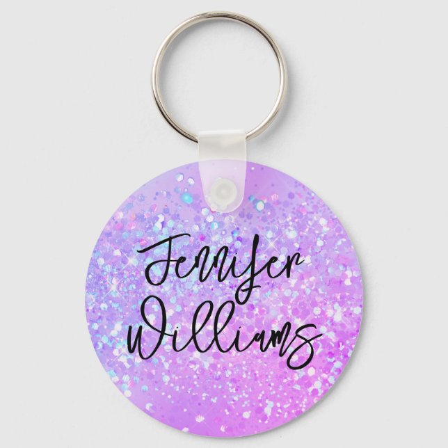 Chaveiro Script de Nome Personalizado da Glitter Roxo Holog (Frente)