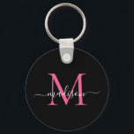 Chaveiro Script Elegante de Nome do Monograma Cor-de-Rosa M<br><div class="desc">Chaveiro de Script Moderno Elegante Elegante de Monograma Rosa Magenta Preto Simples</div>