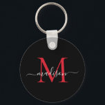 Chaveiro Script Elegante do Nome do Monograma Vermelho Burg<br><div class="desc">Simples Chaveiro de Script Moderno Elegante Monograma Vermelho Burgundy Preto</div>