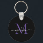 Chaveiro Script Elegante do Nome do Monograma Violeta Roxo<br><div class="desc">Chaveiro de Script Moderno Elegante Elegante para Violetas Roxo Simples Preto</div>