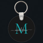 Chaveiro Script Moderno Elegante do Monograma de Teto Preto<br><div class="desc">Chaveiro de Script Moderno Elegante Elegante de Monograma Verde de Teal Preto Simples</div>