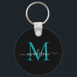 Chaveiro Script Moderno Elegante do Monograma de Teto Preto<br><div class="desc">Chaveiro de Script Moderno Elegante Elegante de Monograma Verde de Teal Preto Simples</div>